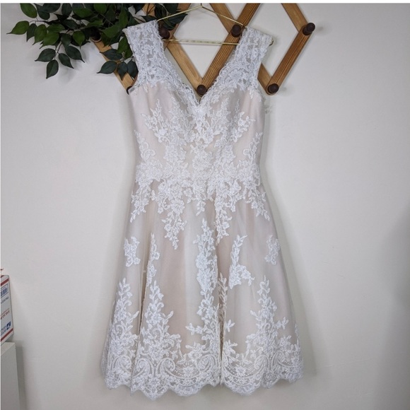 Enchanting Mon Cheri A-Line Lace Tulle Cap Sleeve Short Wedding Dress - Picture 2 of 13